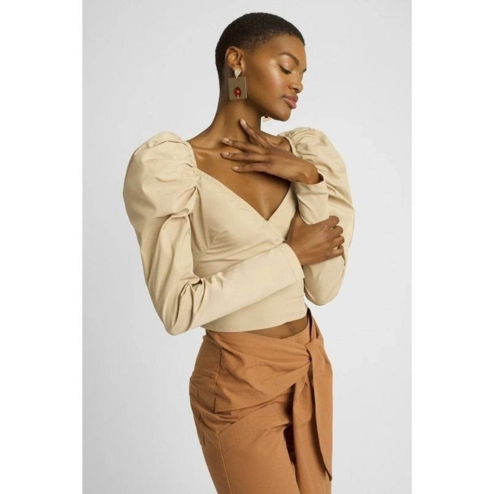Choosy Khaki Puff Sleeve Crop Top NWT